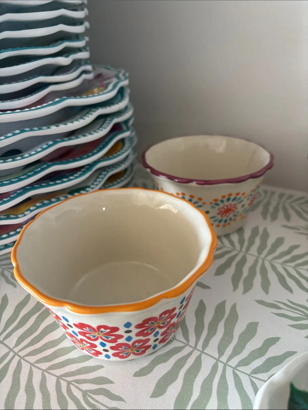 Colorful Floral Ceramic Bowls - Turquoise, Orange & Pink Set